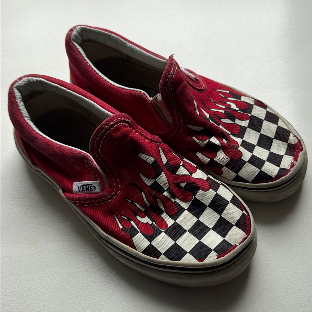 Vans Kids Slip-On Checkerboard Red Flame Sneakers Size 11.5 Black White